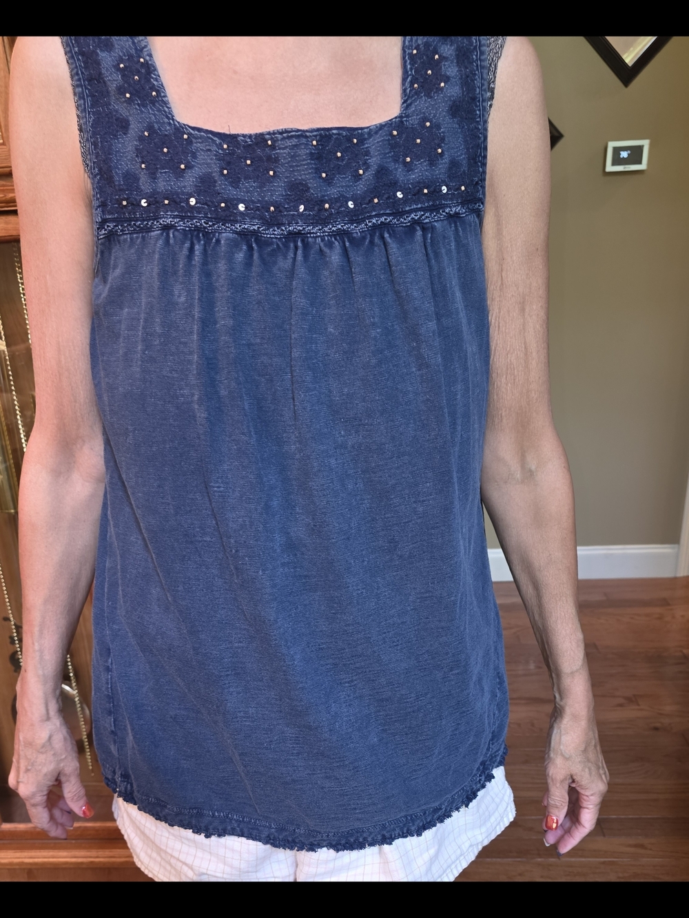 new directions Navy Blue Sleeveless Stud-Trim Square Neck Tank